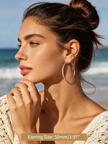 FindChic Thin Hoop Earrings for Women,Silver/Black/Gold Plated 20-100mm - color: Silver, size: 50mm
