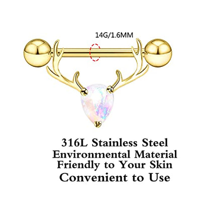 2PCS 14G 316L Stainless Steel Opal Nipple Rings Deer Head Nipple Barbell Nipple Piercings Jewelry for Women - color: gold