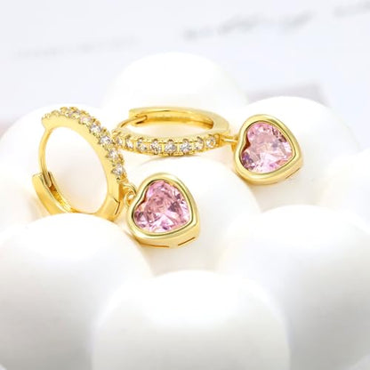 Heart Hoop Earrings with Dangle Sterling Silver Love Heart-Shaped Loop Earrings for Women Hypoallergenic Sparkle Birthstone Cubic Zirconia Hoop Earring with Dangling Charms Dainty Fashion Jewelry Gift - color: Gold-Pink