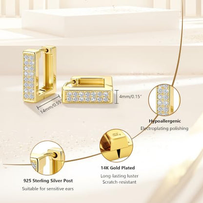 Silver Hoop Earrings for Women Gold Square Huggie Earring for Daily Wear | ALEXCRAFT Hypoallergenic Small Cubic Zirconia Silver Earring Thin Hoop Huggie Earrings for Women Fashion Jewelry Gifts - color: 14K Gold