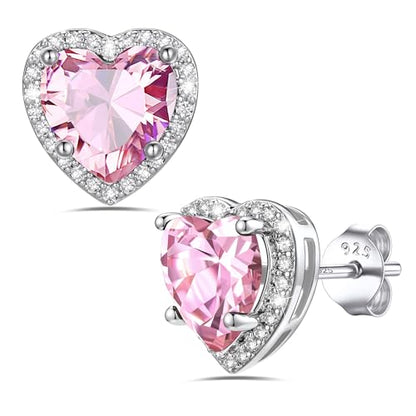 Bestyle Authentic 925 Sterling Silver 2 Carat Birthstone Earrings for Women, More Sparkle Heart/Round Solitaire Diamond Studs Earrings, Great Birthday/Christmas/Anniversary Jewelry for Wife Mother - color: 10. Oct. Pink Tourmaline-Heart