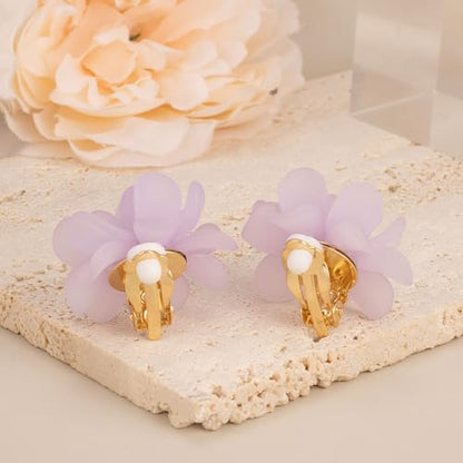 LAXPICOL Fashion Flower Clip On Earrings For Women Cute Lovely Acrylic Flower Earrings No piercing Earrings - color: purple