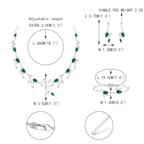 Cubic Zirconia Leaf Vine Wedding Jewelry Set for Bride Women Bridesmaid | Pear-Shaped Birthstone, Necklace Dangle Earrings for Bridesmaid, Silver-Plated-Brass - color: 3pcs_Green