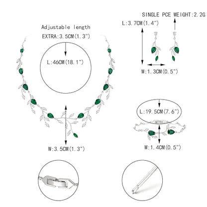 Cubic Zirconia Leaf Vine Wedding Jewelry Set for Bride Women Bridesmaid | Pear-Shaped Birthstone, Necklace Dangle Earrings for Bridesmaid, Silver-Plated-Brass - color: 3pcs_Green