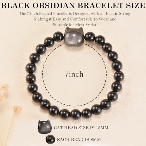 Agate Round Beaded Bracelet for Women Men Natural Agates Stone Healing Bracelets Stretch Elastic Handmade Polished Gemstone Beads Bracelet - color: Cat Black Obsidian, size: 8mm Beads