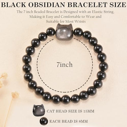 Agate Round Beaded Bracelet for Women Men Natural Agates Stone Healing Bracelets Stretch Elastic Handmade Polished Gemstone Beads Bracelet - color: Cat Black Obsidian, size: 8mm Beads
