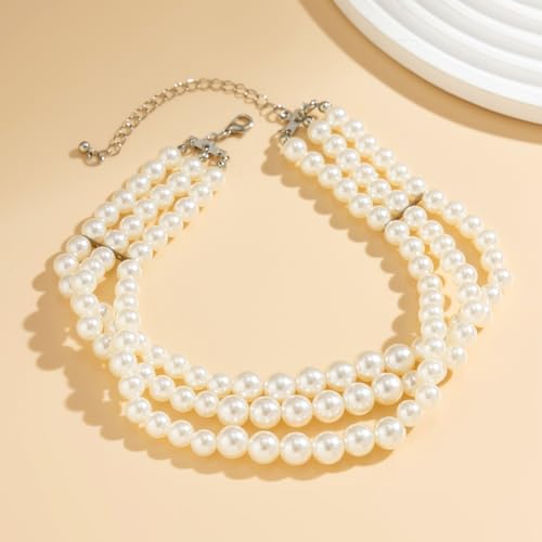 Boho Choker Necklaces for Women - Faux Round Pearl Layered Fashion Chunky Thick Clavicle Necklace Wedding Bride Jewelry Gifts - color: Style B