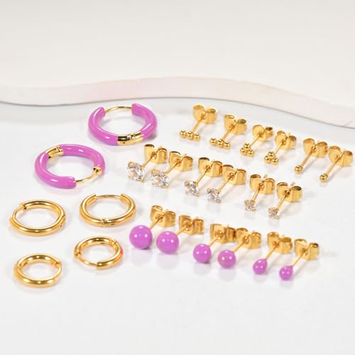 12 Pairs Stud & Hoop Earrings Set for Women 2-5mm Colorful Ball & Cubic Zirconia Stud earrings 8/10/12mm Hoop Earrings Hypoallergenic Stainless Steel Jewelry Gift Collection - color: purple
