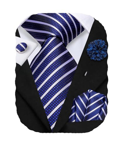 Hi-Tie Men's Silk Ties Formal Woven Classic Necktie Pocket Square Cufflinks Lapel Pin Set Wedding Business - color: A Royal Blue and White