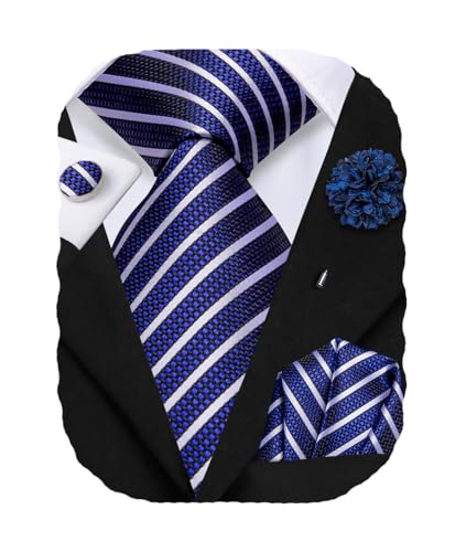 Hi-Tie Men's Silk Ties Formal Woven Classic Necktie Pocket Square Cufflinks Lapel Pin Set Wedding Business - color: A Royal Blue and White