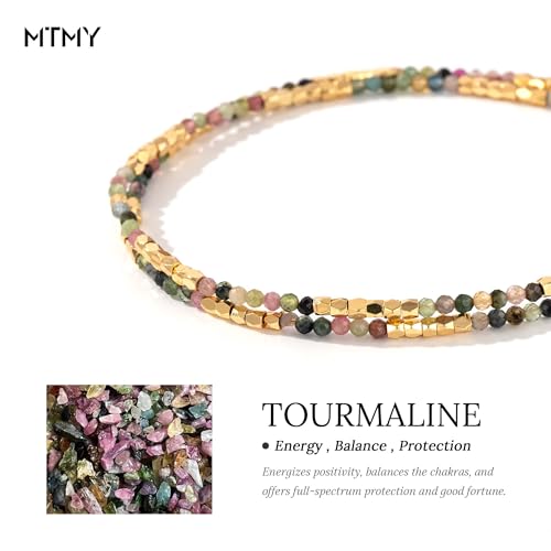 MTMY Beaded Gemstone Choker Necklace for Women | 14K Gold Plated, Colorful Natural Stone, Bead Chain, Boho Summer Beach, Handmade Jewelry - color: Tourmaline