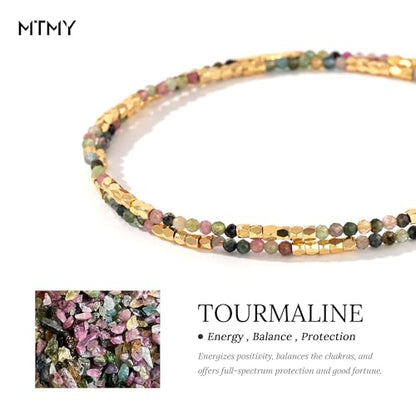MTMY Beaded Gemstone Choker Necklace for Women | 14K Gold Plated, Colorful Natural Stone, Bead Chain, Boho Summer Beach, Handmade Jewelry - color: Tourmaline