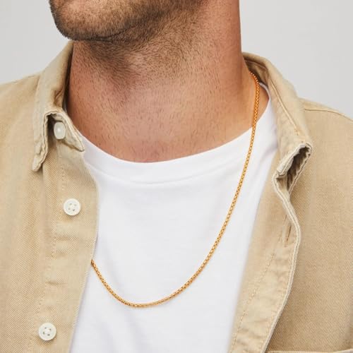 Gold Silver Necklace Chain With Adjustable Lobster Clasp, Diamond Cut Geometric Gold Beads Stationed on Dainty 2mm Cable Box Chain, 16 Inches Rolo Oval Figaro Link Singapore Chain. - color: Gold05
