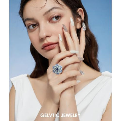 Cocktail Rings Silver Rose Flower Ring for Women Adjustable 18K Gold Plated Snowflake Open Wrap Wedding Statement Valentine Gift for Lover Wife Christmas - style: JZ06 Flower Ring-Blue