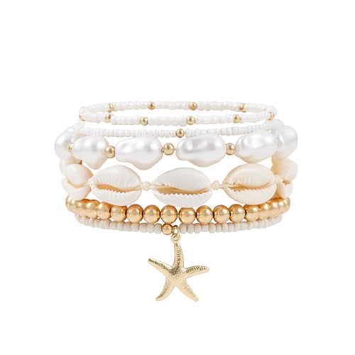 Summer Surfer Heishi Bracelet Set for Women Stackable Gold Plated Clay Ploymer Bead Stretch Pink Beach Layering Bracelets Jewelry - color: A-Starfish bracelet