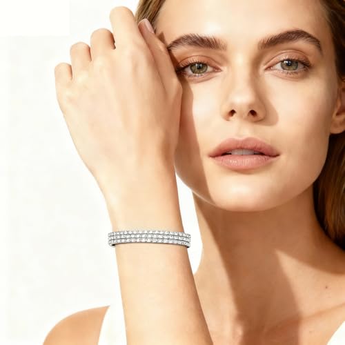 Gold Tennis Bracelets for Women 3-Row Rhinestone Stackable Bangle Bling Zirconia Crystal Silver Chain Dainty Cuff Flexible Fashion Jewelry for Wife Anniversary Mom Her Birthday Gifts - color: Silver