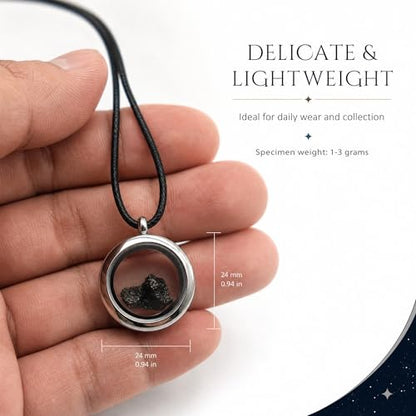 Campo del Cielo Meteorite Necklace - Genuine Argentine Iron Meteorite Pendant in Sterling Silver Round Locket Box - Unique Space Jewelry Gift for Women Men - 1-3g in Elegant Gift Box