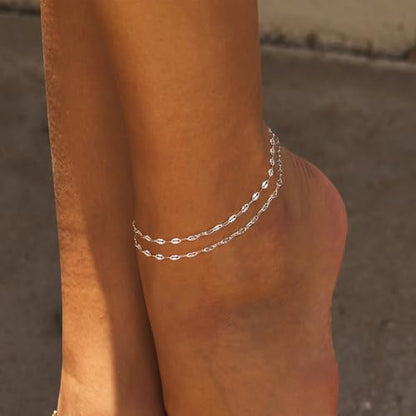 Tewiky Sterling Silver Plated Ankle Bracelets for Women,Dainty Layered Waterproof Anklet for Women Adjustable Sparkly Herringbone Beaded Rope Chain Set Stackable Cute Summer Beach Jewelry Gift - color: silver3
