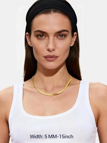 PROSTEEL 3mm/5mm Herringbone Choker Necklace for Women, 12.5"/15"/18", Stainless Steel/Sterling Silver Flat Snake Chain in Silver/Yellow Gold/Rose Gold/Black, Come with Box - color: 5mm-Gold Plated, size: 15 Inch