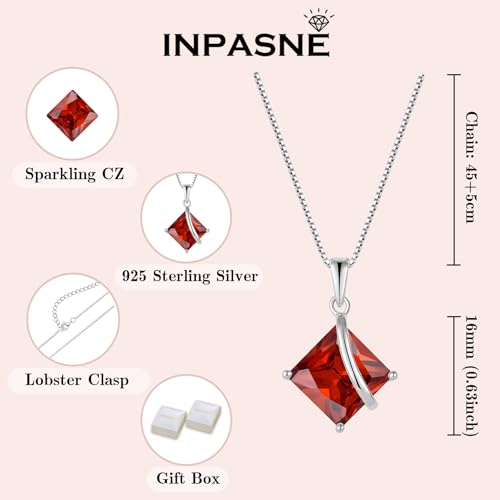 Square Princess Cut Necklace 925 Sterling Silver Solitaire Pendant Necklace Birthstone Jewelry Gifts for Women - color: 01 January - Garnet