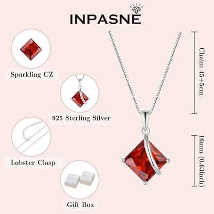 Square Princess Cut Necklace 925 Sterling Silver Solitaire Pendant Necklace Birthstone Jewelry Gifts for Women - color: 01 January - Garnet