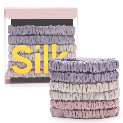 6Pcs Silk Hair Ties 100% Pure Mulberry Silk Scrunchies for Women Girls | No Hair Crease, Anti Frizz, Gentle Hold, No Damage, Color 08 - color: Purple&Pink&Beige