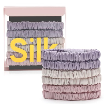 6Pcs Silk Hair Ties 100% Pure Mulberry Silk Scrunchies for Women Girls | No Hair Crease, Anti Frizz, Gentle Hold, No Damage, Color 08 - color: Purple&Pink&Beige