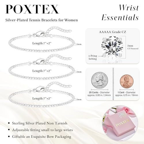 925 Sterling Silver Bracelets for Women Stack, Trendy Tennis Bangle Cuff Jewelry Set 14K Gold Plated, Adjustable Bracelet Set for Wrist Essentials, Women Fashion Watch Band Acecessories - style: Bracelet_3pcs(Silver Tennis Set 2mm)