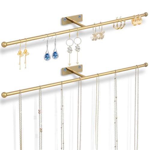 2-Pack Wall Hanging Jewelry Organizer, 14.5" Necklace Holder, Gold | For earrings, rings, bracelets, hairbands, glasses, space saving wall display, screws included - color: Gold