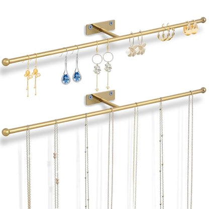 2-Pack Wall Hanging Jewelry Organizer, 14.5" Necklace Holder, Gold | For earrings, rings, bracelets, hairbands, glasses, space saving wall display, screws included - color: Gold