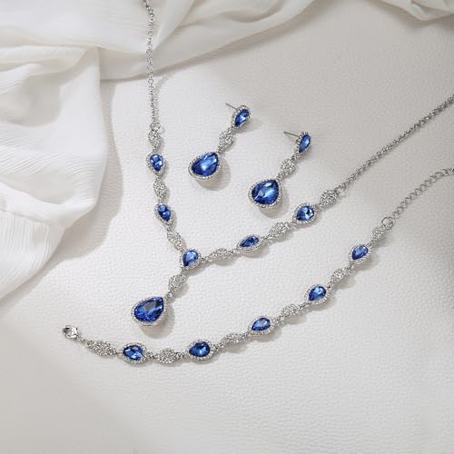EleQueen Women's Wedding Bridal Jewelry Sets for Brides Bridesmaids, Cubic Zirconia Teardrop Necklace Tennis Bracelet Dangle Earrings Jewellery Set - color: 02-Sapphire Color Clear-Tone