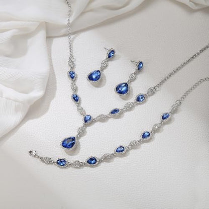 EleQueen Women's Wedding Bridal Jewelry Sets for Brides Bridesmaids, Cubic Zirconia Teardrop Necklace Tennis Bracelet Dangle Earrings Jewellery Set - color: 02-Sapphire Color Clear-Tone
