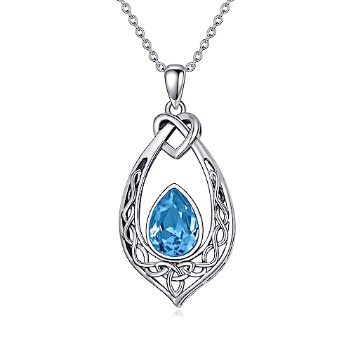 AOBOCO Celtic Knot Necklace 925 Sterling Silver Oxidized Vintage Love Knot Pendant Necklace with Simulated Birthstone Crystal, Birthday Christmas Jewellery Gifts for Women - color: Aquamarine Blue