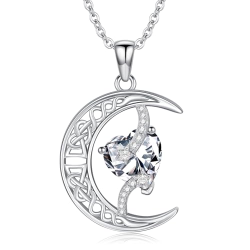 TOUPOP Moon and Star Birthstone Necklace for Women 925 Sterling Silver Celtic Moon Jewelry Birthday Mothers Day Gifts for Mom Wife Her - color: 04-April-Simulated Diamond