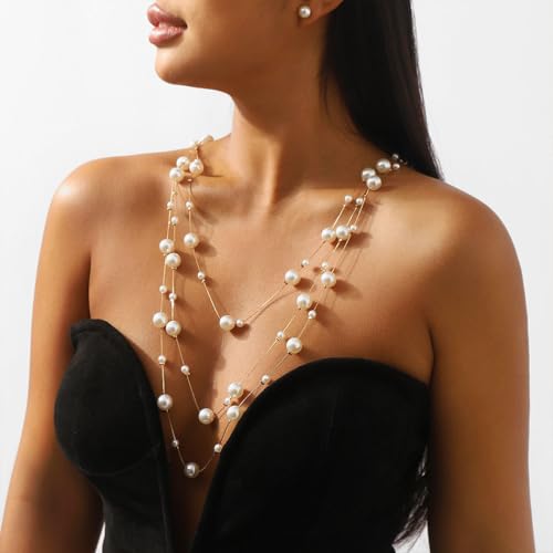 Long Pearl Necklaces for Women Faux Pearl Strand Necklace Gold Dainty Necklaces 1920s Statement Costume Jewelry