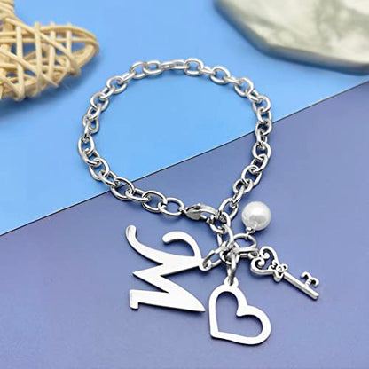 Initial A-Z Bracelets Gift for Women Girls Stainless Steel Chain Bracelet 26 Alphabet Jewelry Gifts for Birthday Anniversary Letter Bracelet Monogram Gifts for Sister Friend Girlfriends Mom 8.26 Inch - color: Silver