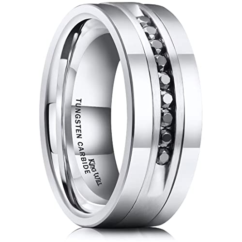 King Will Mens Tungsten Wedding Band with Cubic Zircon Inlay 7mm/8mm Flat Cut Comfort Fit Engagement Rings - color: Silver-8mm