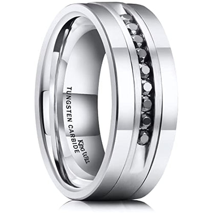 King Will Mens Tungsten Wedding Band with Cubic Zircon Inlay 7mm/8mm Flat Cut Comfort Fit Engagement Rings - color: Silver-8mm