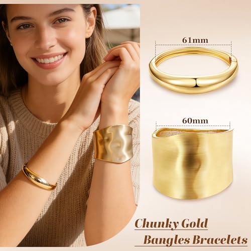 Chunky Gold Bangles Bracelets for Women, 14k Gold Plated Hinged Big Stackable Bangles Set, Trendy Wide Statement Cuff Bracelets Stack Fashion Jewelry Gifts - color: Gold-4pcs-Styles-1