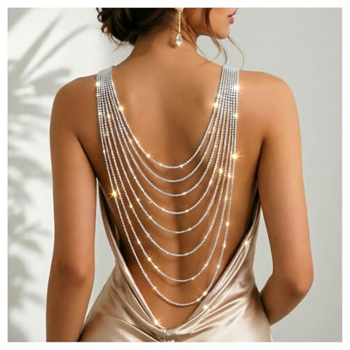 Multi Layer Rhinestone Back Drop Necklace, Silver Gold Layered Tassel Back Chain, Crystal Back Necklace Jewelry for Bridal Wedding, Evening Party, Open Back Jewelry for Women Dress - color: Silver