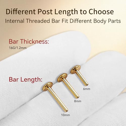 limerencia 16G/18G Hypoallergenic Internal Threaded Titanium Bar Post Replacement,Flat Back Stud Earrings Post Medusa Helix Couch Labret Bar for Women Men Sensitive Ears(A Pair) - color: gold tone, size: 16G-8mm