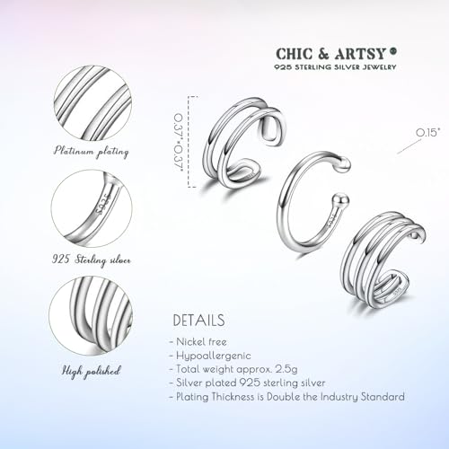 CHIC & ARTSY Sterling Silver Ear Cuff Set - Hypoallergenic, Simple, Adjustable No Piercing Clip on Earrings - color: #3 silver