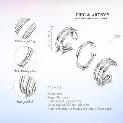 CHIC & ARTSY Sterling Silver Ear Cuff Set - Hypoallergenic, Simple, Adjustable No Piercing Clip on Earrings - color: #3 silver