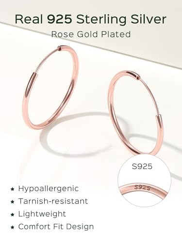 ChicSilver 925 Sterling Silver Hoop Earrings for Women Hypoallergenic, Lightweight Large Gold Plated Silver Hoop Earrings, Endless Hoops Earring 20/30/40/50/60/70MM - color: A. High Polished Rose Gold, size: 30mm