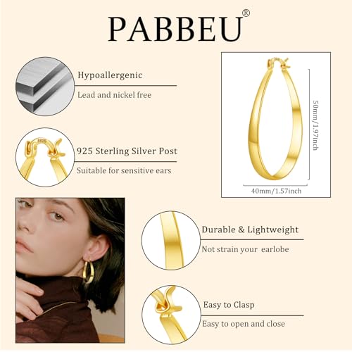 PABBEU Sterling Silver Hoop Earrings for Women, Lightweight Large Oval Hoops Earrings, Hypoallergenic Silver Hoop Earring for Women Gifts 30/40/50/60MM - color: gold 40*50mm/ 1.57*1.96in