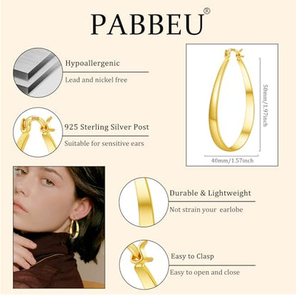 PABBEU Sterling Silver Hoop Earrings for Women, Lightweight Large Oval Hoops Earrings, Hypoallergenic Silver Hoop Earring for Women Gifts 30/40/50/60MM - color: gold 40*50mm/ 1.57*1.96in