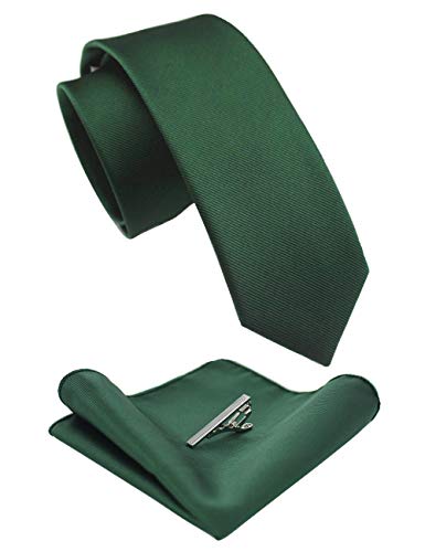 JEMYGINS 2.4" Solid Color Skinny Tie and Pocket Square with Tie Clip Sets for Men (6cm) - color: Dark Green