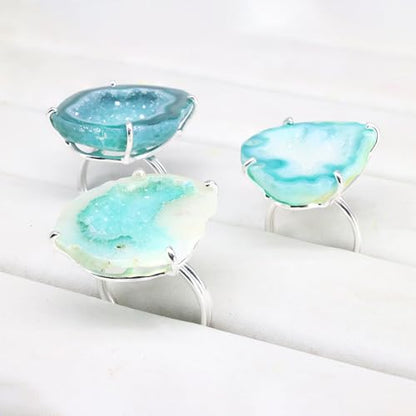 Geode Ring Set with Agate and Quartz Crystals,Stone Sizes 25-30mm - color: Green, style: 1