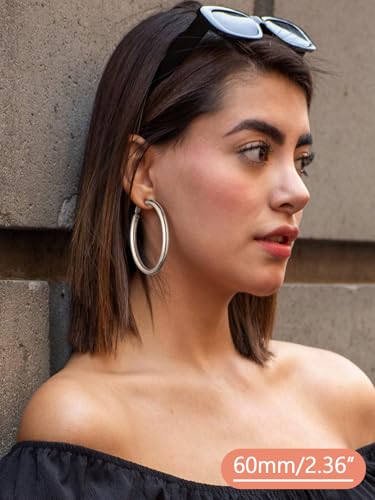 FaithHeart Silver/Black/Gold Stainless Steel Chunky Hoop Earrings for Women | Hypoallergenic Lightweight Hoop Earrings, Trendy Statement Thick Hoop, 20/30/40/50/60/70/80mm - color: Silver, size: 60mm