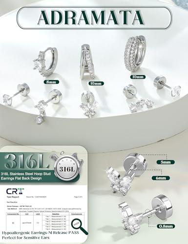ADRAMATA Hypoallergenic Gold Earrings Stack for Women - 7Pairs Surgical Steel Small Chunky Huggie Hoops & Flat Back Stud Earrings Set Silver Cartilage Jewelry Trendy Christmas Gifts - style: Shiny - Silver
